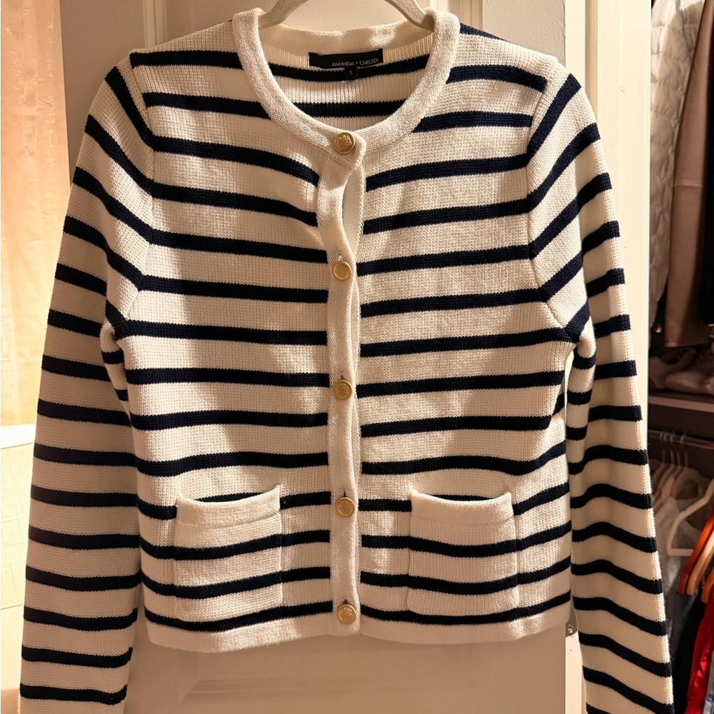 NWT Amanda & Chelsea Striped Crewneck Cardigan Sweater - Navy & White